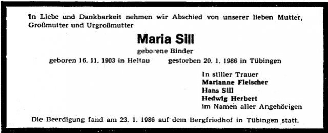 Binder Maria 1903-1986 Todesanzeige